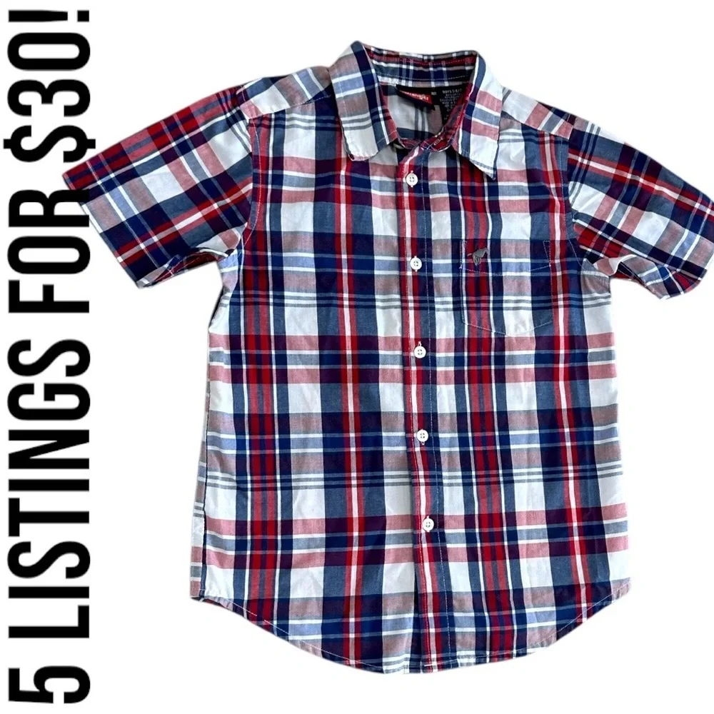 New Wrangler Boys Plaid Button Down Short Sleeve Shirt Size Small Red White Blue